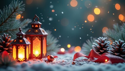 Free copy space, surrounded with New Year stuff glowing lanterns, shimmering ribbons, frosty pine cones.
