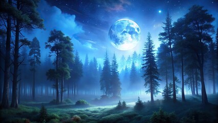 Fototapeta premium Dark spooky forest with tilted moonlight and blue mist