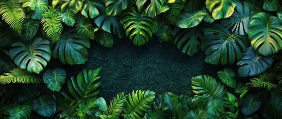 Fototapeta premium Lush Green Jungle Wall Background with Tropical Leaves – Photorealistic 3D Rendering