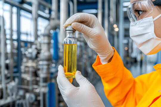 Close-up of a petroleum engineer examining a sample in a refinery setting
