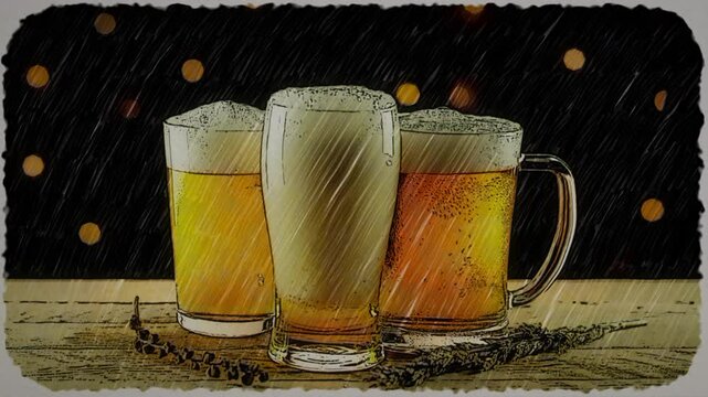 Hand Drawn Sketched 3 Glasses of Beer Pouring on Rustic Wood Table