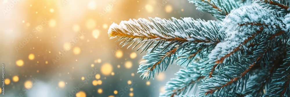 Poster close-up of frosty pine needles with sparkling bokeh lights. perfect for greeting cards.