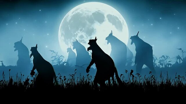 Delight spectacle monstrous silhouettes parading full moon 4K loop where eerie figures march misty grass creating spinechilling atmosphere that evokes essence Halloween night holiday silhouette