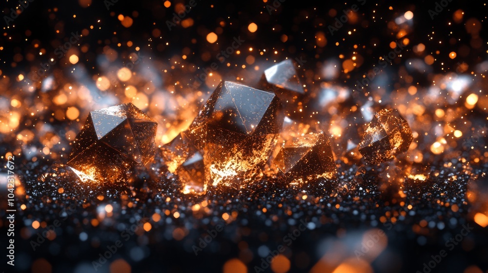Aufkleber Shimmering crystals in varying geometric shapes are surrounded by glowing particles in a dark setting, creating a stunning visual effect that captures the imagination.