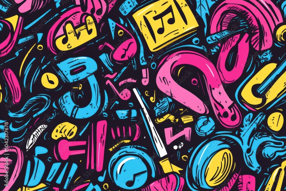 Poster a lively collection of music-related doodles showcases various instruments, notes, and sound waves i