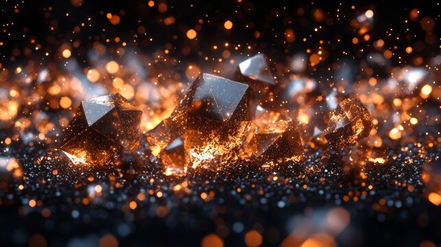 Shimmering crystals in varying geometric shapes are surrounded by glowing particles in a dark setting, creating a stunning visual effect that captures the imagination.