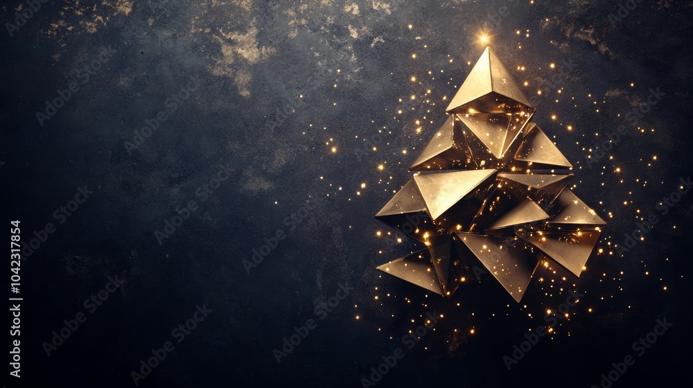 Aufkleber golden abstract christmas tree against a textured dark backdrop with glowing lights. ideal for holid