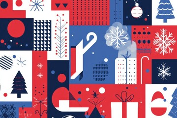 Fototapeta premium Festive abstract design with geometric shapes and Christmas symbols in red, blue, and white