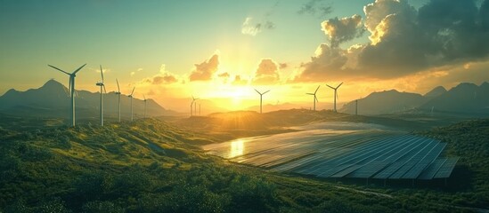 Wind turbines and solar panels at sunset on a green hill.