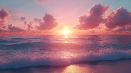 A vibrant sunset over a calm ocean with pink clouds.