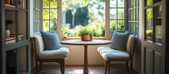 Two chairs and a table sit by a window overlooking a green garden.