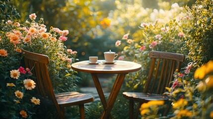 A table with two chairs sits in a garden with a teapot and a cup of tea.
