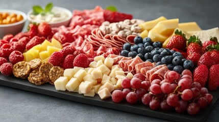 A charcuterie board filled with various cheeses, meats, fruits, and nuts on a black slate serving tray.