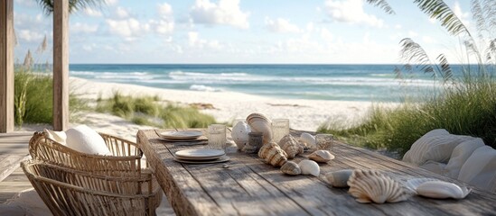 A wooden table set for two with seashells and a wicker chair on a beach with a view of the ocean.
