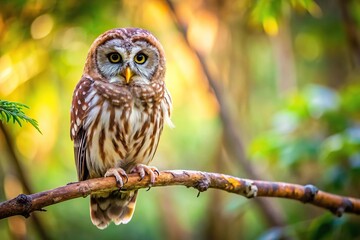 Obraz premium Daytime sentinel owl resting on a branch forced perspective