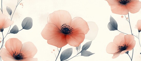 Watercolor painting of delicate pink flowers with blue-grey leaves on a white background.