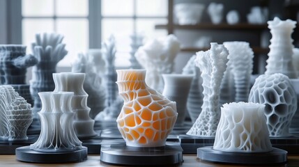 A collection of 3D printed objects in various shapes and sizes, with a single orange object in the foreground.