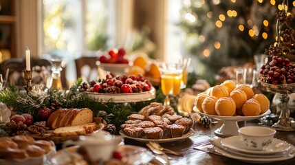 A festive Christmas brunch table setting with a variety of pastries, fruit, and drinks, decorated with evergreen branches, pinecones, and red berries.