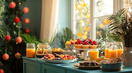 Festive brunch table with various pastries, fruit, and orange juice near a window with holiday decorations.
