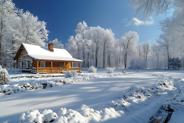 A charming old wooden house in a tranquil, snow-covered rural area, with frosted trees creating a serene winter scene.

