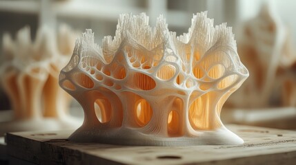 Close-up of a white, intricate, 3D printed model with a porous, organic design.