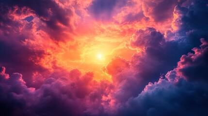 A vibrant, colorful sunset sky with sun shining through the clouds.