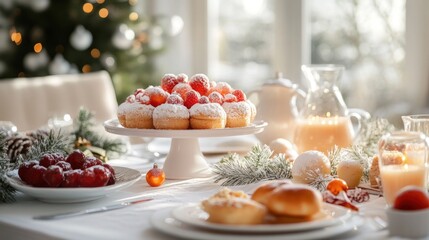 A festive Christmas table setting with a selection of pastries, fruit, and candles.