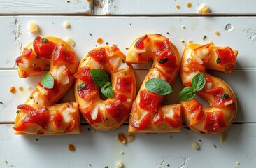 Numbers 2025 made of pizza on wooden background.