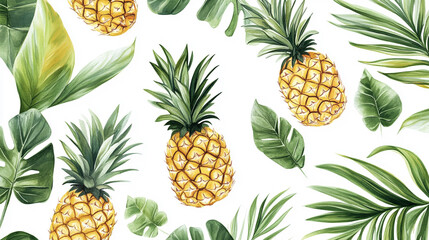 Tropical Pineapple and Palm Leaf Watercolor Pattern   Summer Design