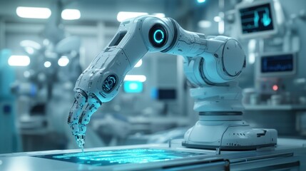 A robotic arm with a blue light on the tip, working in a laboratory setting.
