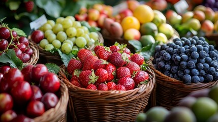 Baskets of fresh fruits at a farmer's market