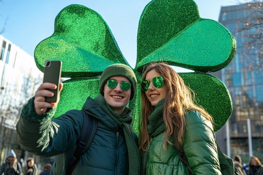 A young couple dressed in green, taking a selfie with a giant shamrock sculpture in a city square on St Patrick's Day 1