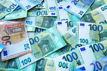 Euro money background. Euro Banknotes Design. Euro cash payment and wages. Cash background. Banknotes of European Union (EU ).  Economic and political. Bills for pension and salary. Social finance.