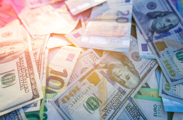 Euro money background. Dollar and Euro Banknotes. Euro cash payment. USA money and European Union bills. Economic US dollars Euro. Bills for pension and salary. 100 Dollar background. American money.