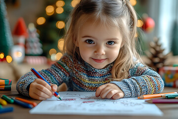 A child writes a heartfelt letter to Santa, filled with cute drawings, using colorful crayons, surrounded by Christmas decorations in a cozy winter setting.
