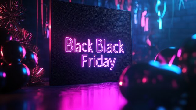 Bold neon "Black Friday" text glowing against a sleek black background