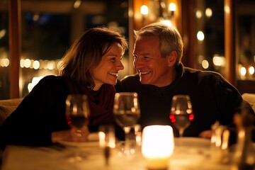 A middle-aged couple enjoying a romantic dinner at a candle-lit restaurant on Valentine's Day 2