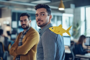 A man sticking a paper fish on a friend's back at the office, captured in a candid moment, April Fools' Day 1
