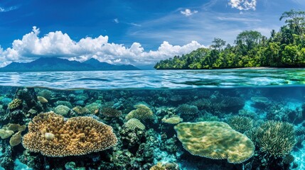 Fototapeta premium Tropical Island with Underwater Coral Reef