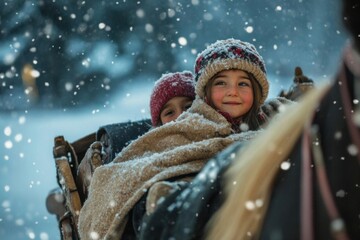 Fototapeta premium A family horsedrawn sleigh ride through a winter wonderland, wrapped in blankets as snow falls gently