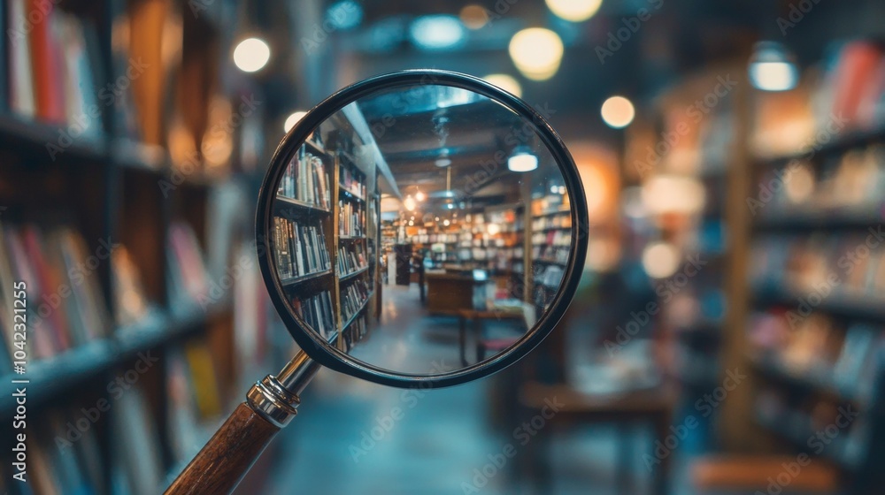 Poster magnifying glass focused on a bookshelf in a library
