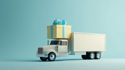 Gift Delivery Truck  Present on Top  Blue Background  Cartoon Style