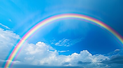 A vibrant rainbow arching across a deep blue sky after a summer rainstorm, vivid colors contrasting against fluffy white clouds.
