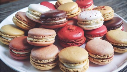 Fototapeta premium Colorful assortment of freshly baked macaron pastries on a white plate during a summer afternoon gathering