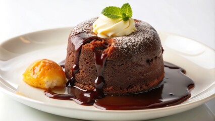 Decadent molten lava cake served with a scoop of sorbet and fresh mint at a fine dining restaurant