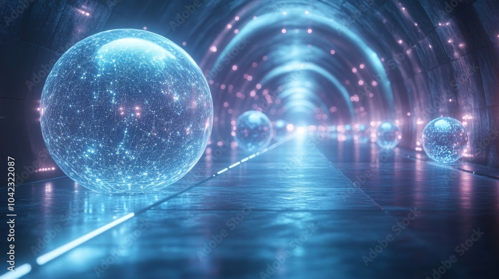 Poster a long, dimly lit tunnel showcases glowing spheres that emit a soft blue light, creating a captivati