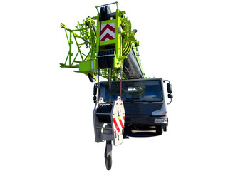 Truck crane isolated on white background. Crane hook for lifting gears and chains hanging of mobile auto crane. Mobile auto crane for construction.