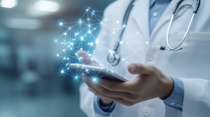 Doctor Using a Smartphone with a Network of Data