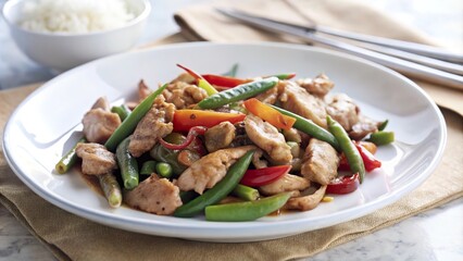 Delicious stir-fried chicken with sweet peppers and green beans served with rice on a cozy dining table