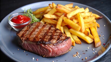 Tender fillet steak with golden fries and ketchup, served on a gray plate in a cozy restaurant